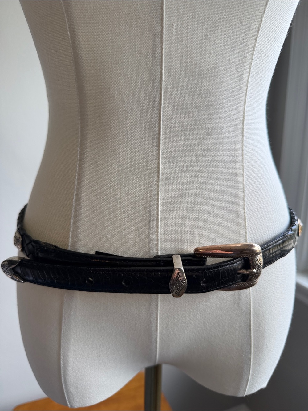 90s Brighton Black Leather Woven and Crocodile Belt - Skinny, Size L - Picture 2 of 16